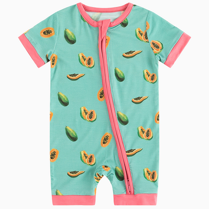 Papaya Green Pattern Bamboo Short Sleeve Zippy Romper