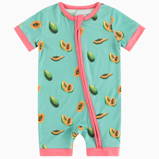 Papaya Green Pattern Bamboo Short Sleeve Zippy Romper