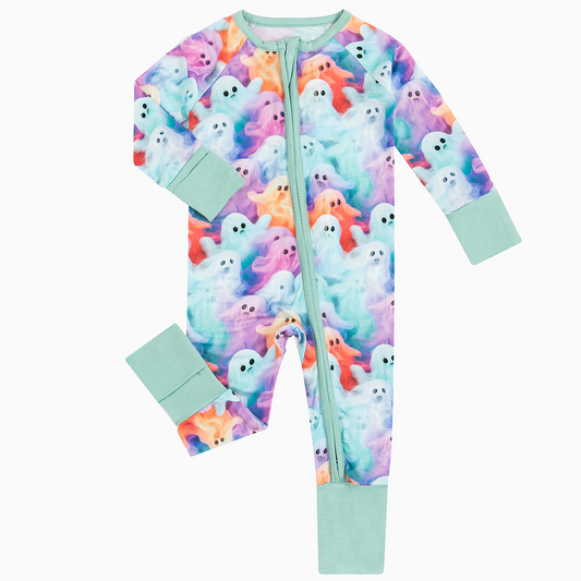 MIOZING Barboteuse à manches longues en fibre de bambou à motif fantôme d'Halloween coloré pour bébé