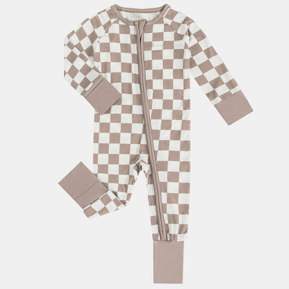 Light Gray Checkerboard Bamboo Zipper Romper Pajamas