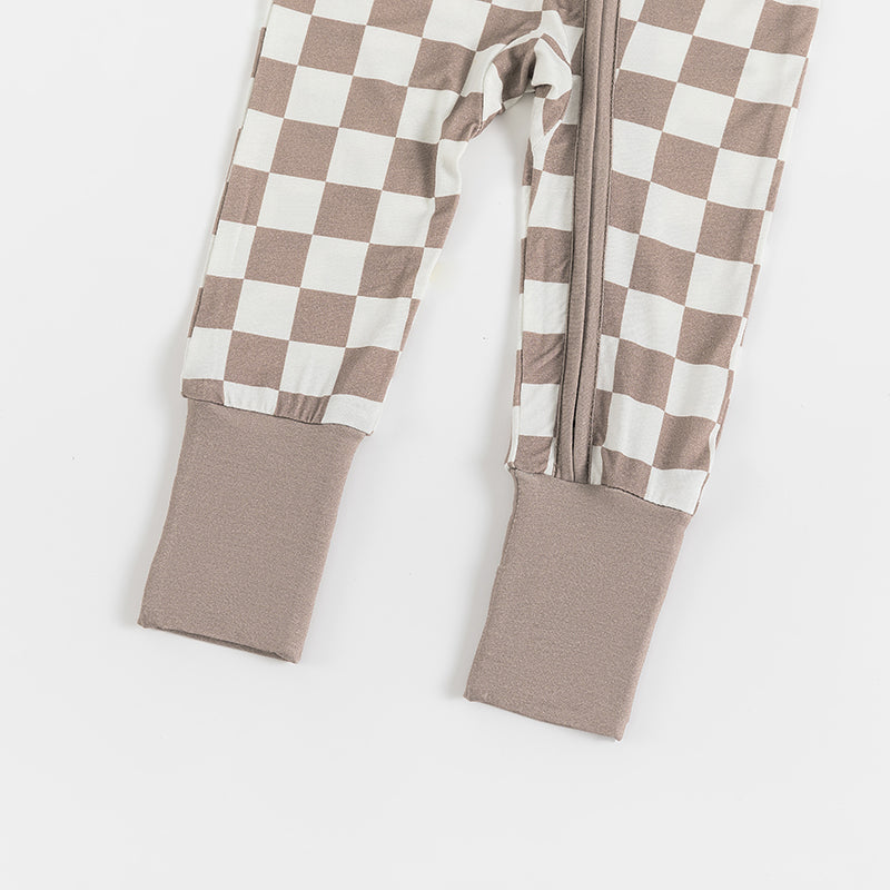 Light Gray Checkerboard Bamboo Zipper Romper Pajamas