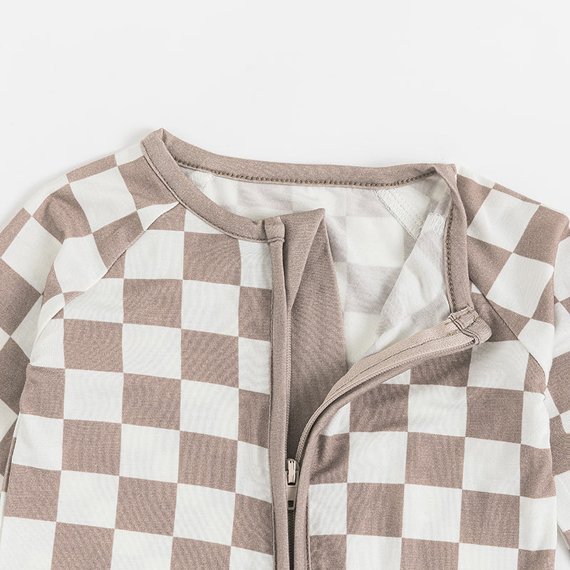 Light Gray Checkerboard Bamboo Zipper Romper Pajamas