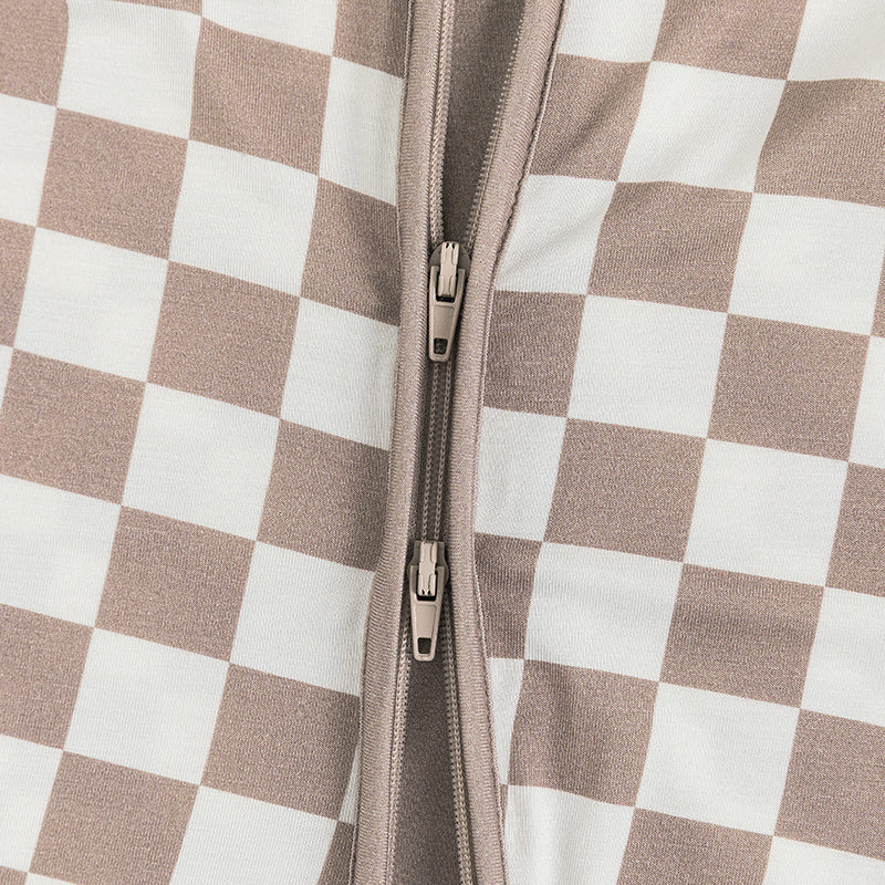 Light Gray Checkerboard Bamboo Zipper Romper Pajamas