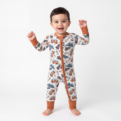 Christmas Retro Camper Van Print Baby Bamboo Zipper Romper Pajamas