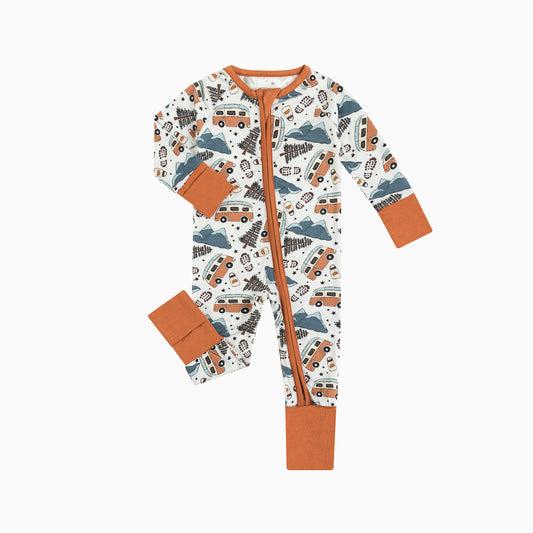 Christmas Retro Camper Van Print Baby Bamboo Zipper Romper Pajamas