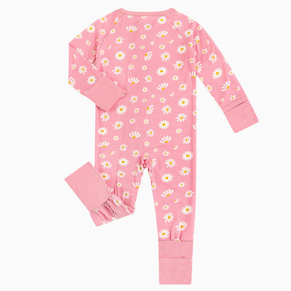 Pink Daisy Baby Bamboo Zipper Romper Pajamas
