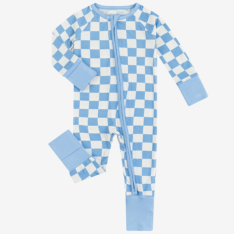 Blue Checkerboard Design Bamboo Zipper Romper Pajamas