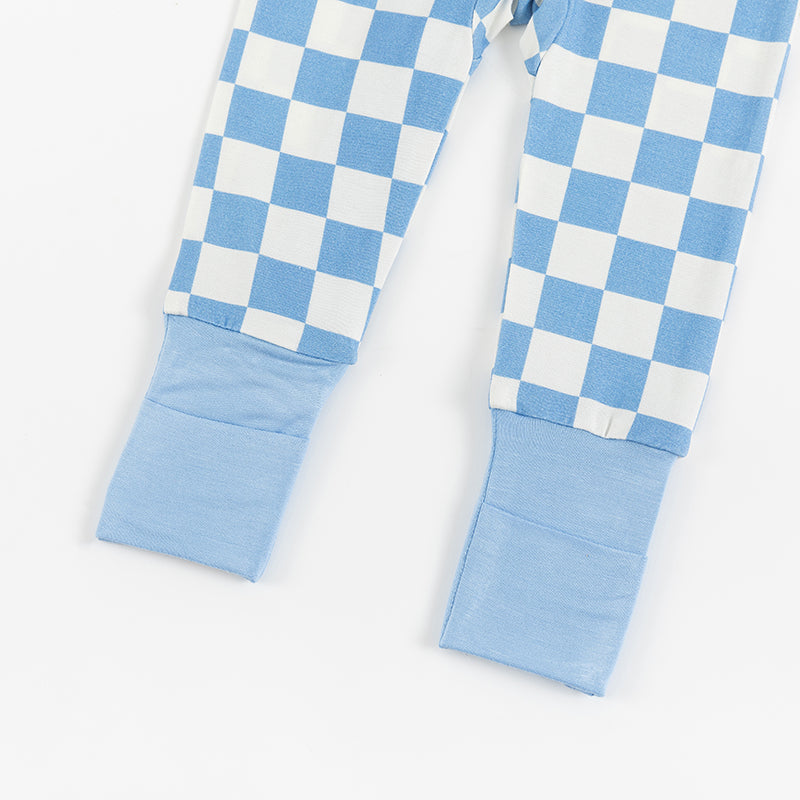 Blue Checkerboard Design Bamboo Zipper Romper Pajamas