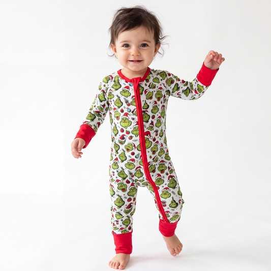 Christmas Green Guy Christmas hat Bamboo Zipper Romper