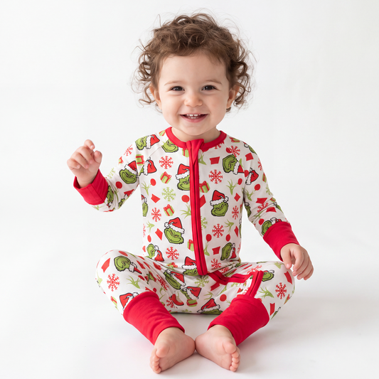Christmas Green Guy Snowflake Bamboo Zippy Long Sleeve Romper