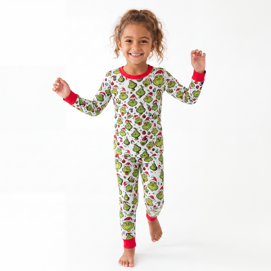 Christmas Green Guy hat Bamboo 2 Pieces Kids Pajama Sets