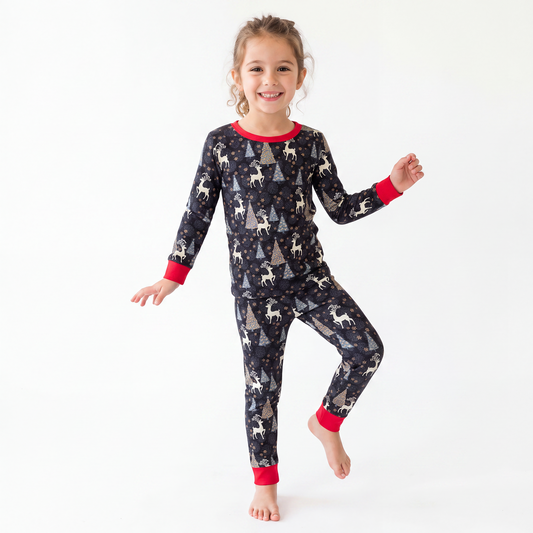 Christmas Tree Deer Kids Bamboo Red 2 Pieces Pajama Set