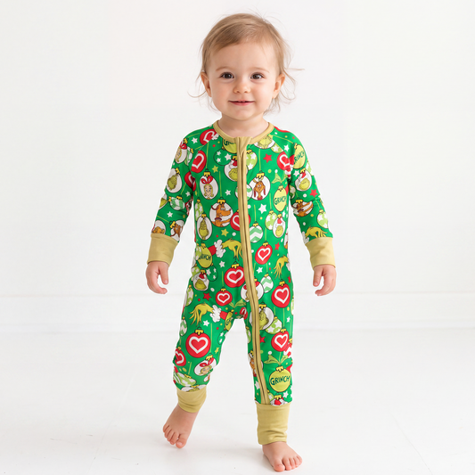 Christmas Green Guy Heart Bamboo Red Zipper Romper