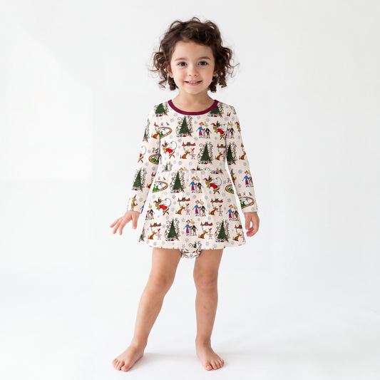 Christmas Snowflake Green Face Dog Long Sleeve Twirl Dress With Bodysuit