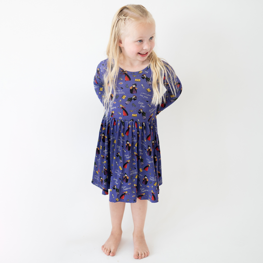 Halloween Witch Sisters Spell Kids Bamboo Purple Long Sleeves Dress