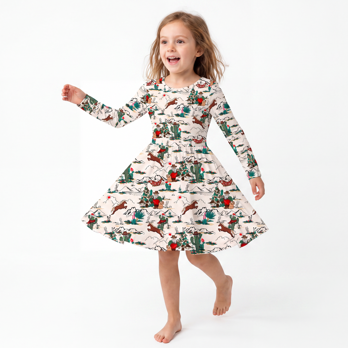 Christmas Cowboy Kids Bamboo Long Sleeves Dress