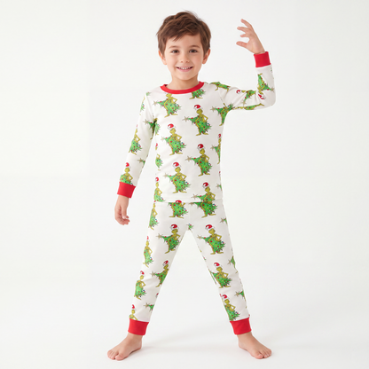 Christmas Tree Green Face Long Sleeve Bamboo 2 Piece Pajama Set