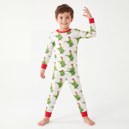 Christmas Tree Green Face Long Sleeve Bamboo 2 Piece Pajama Set