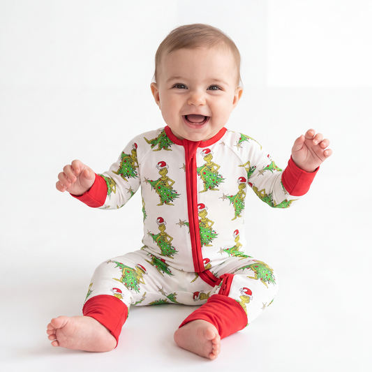 Christmas Tree Green Face Bamboo Zip Long Sleeve Romper