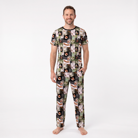 Halloween Western Cowboy Patchwork Print Bamboo Men's Pajamas Set