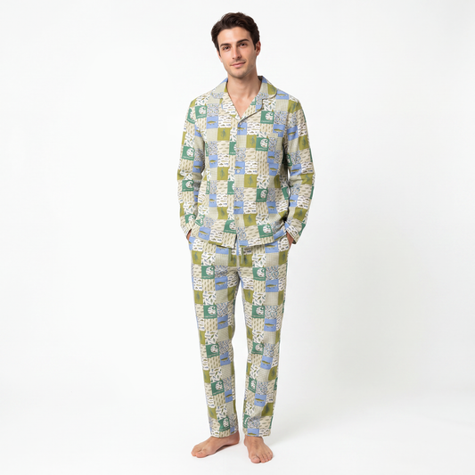 Outdoor Fishing Western Patchwork Print Bamboo Men's Pajamas Set