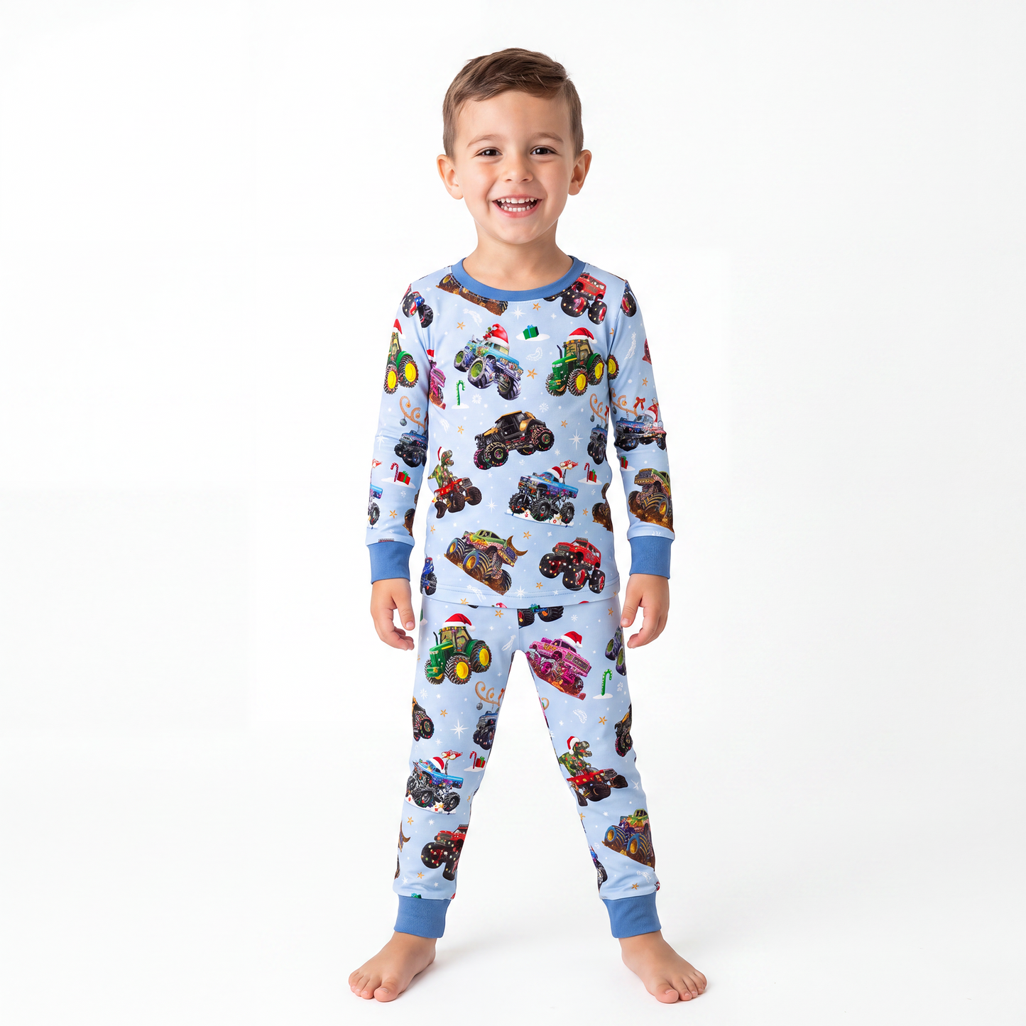 Christmas Colorful Truck Ride Game on Blue Kids Bamboo Two-Piece Pajama Set