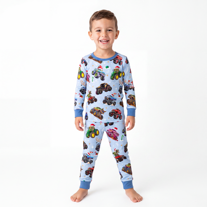 Christmas Colorful Truck Ride Game on Blue Kids Bamboo Two-Piece Pajama Set