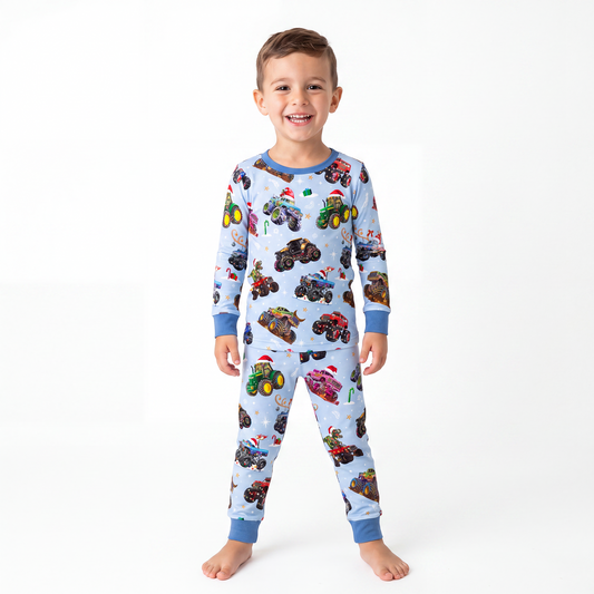 Christmas Colorful Truck Ride Game on Blue Kids Bamboo Two-Piece Pajama Set