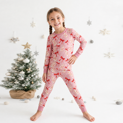 Christmas Pink Tree Cakes and Bows Kids Two-Piece Pajama Set
