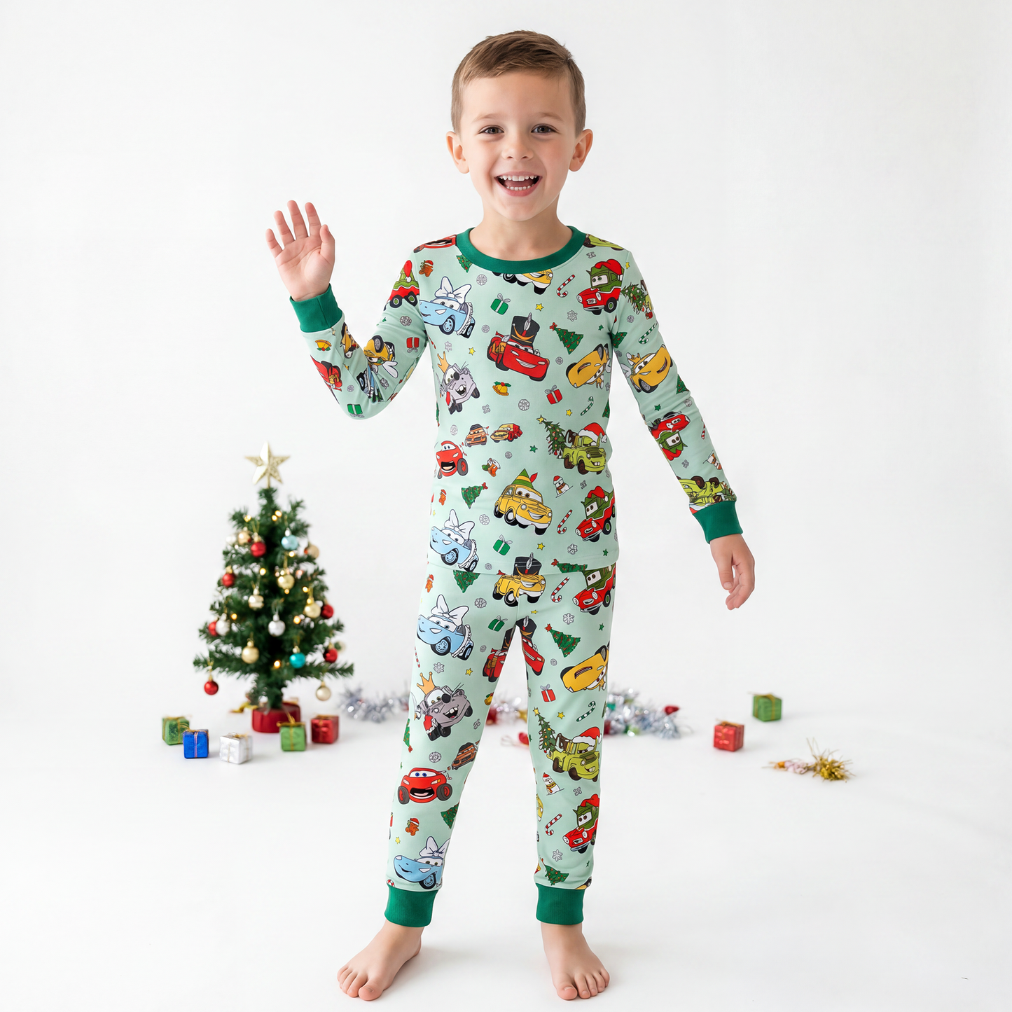 Christmas Little Cars Wheels and Candy Cane Cruise Kids Two-Piece Pajama Set