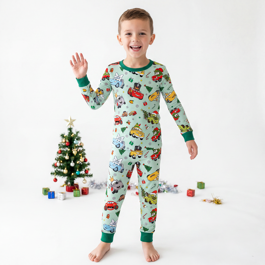 Christmas Little Cars Wheels and Candy Cane Cruise Kids Two-Piece Pajama Set