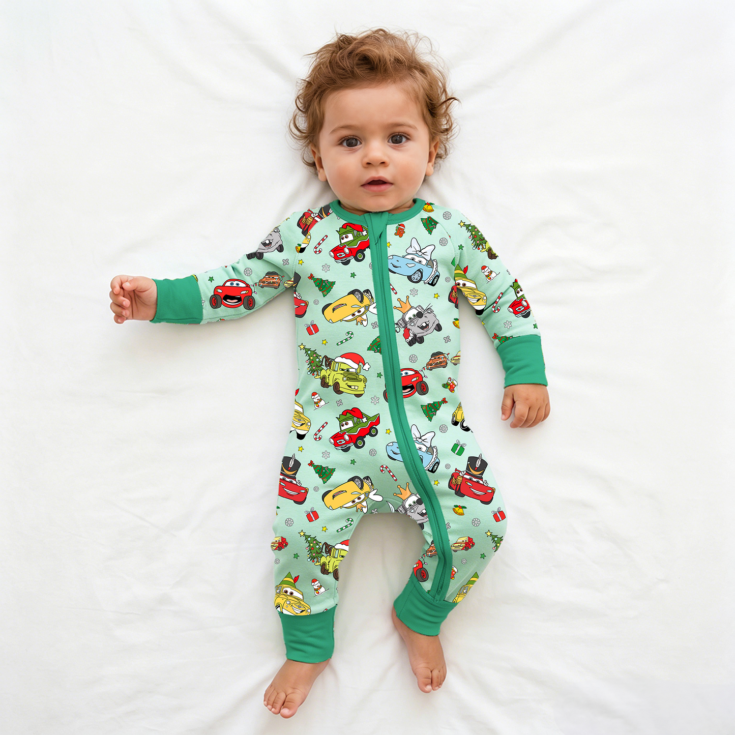 Christmas Little Cars Wheels and Candy Cane Cruise Bamboo Zipper Romper Pajamas