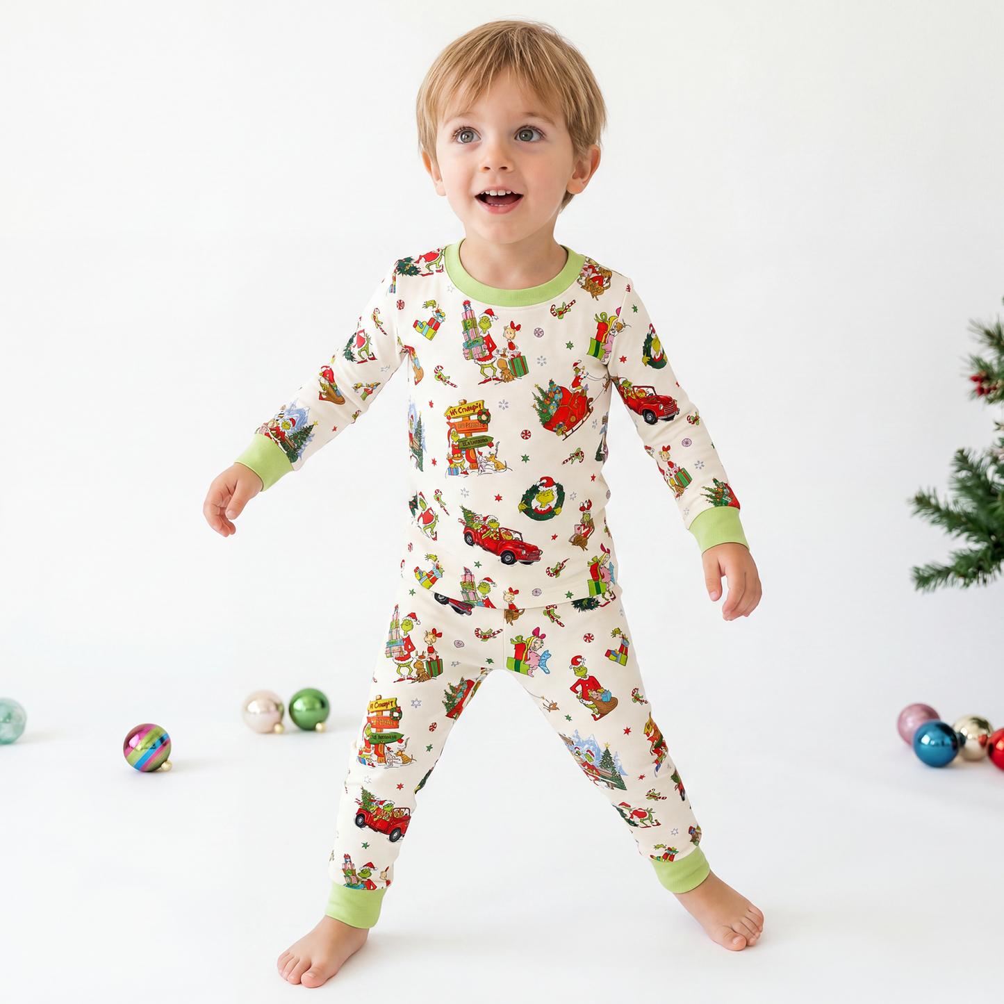 Christmas Green Face Sleigh Gift Ride and Candy Canes Kids Two-Piece Pajama Set