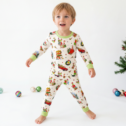 Christmas Green Face Sleigh Gift Ride and Candy Canes Kids Two-Piece Pajama Set