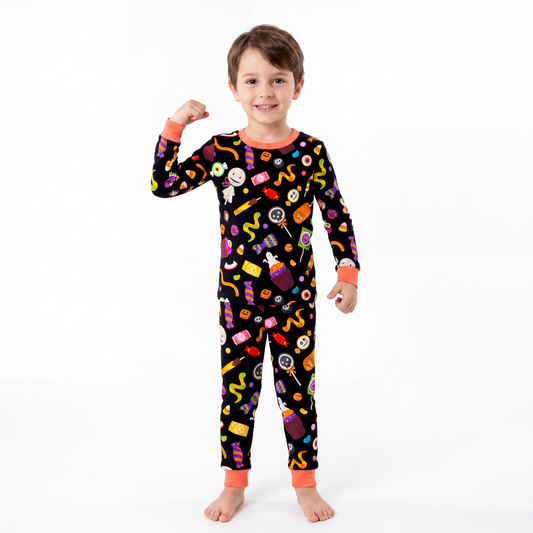 Halloween Spooky Sweet Candy Orange Kids Bamboo Two-Piece Pajama Set