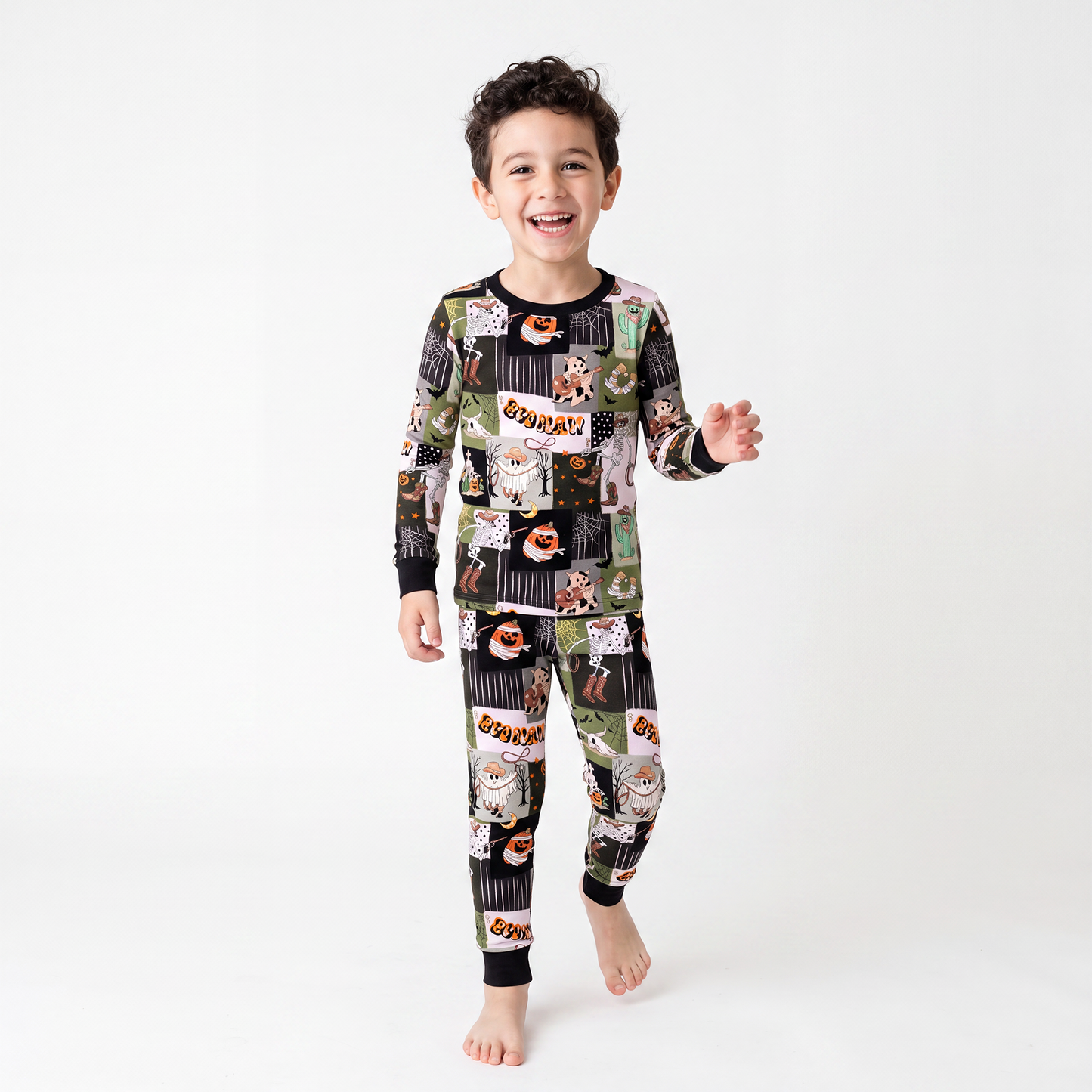 Halloween Western Cowboy Patchwork Kids Bamboo Two-Piece Pajama Set