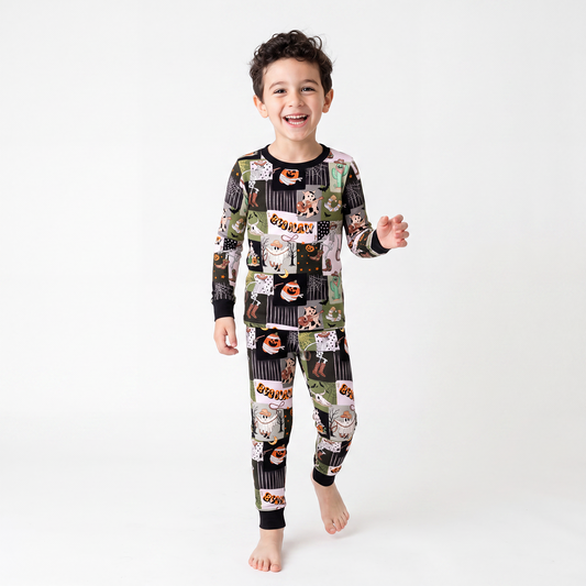 Halloween Western Cowboy Patchwork Kids Bamboo Two-Piece Pajama Set