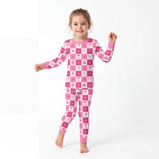 Christmas Cowgirl Checkerboard Kids Bamboo Two-Piece Pajama Set