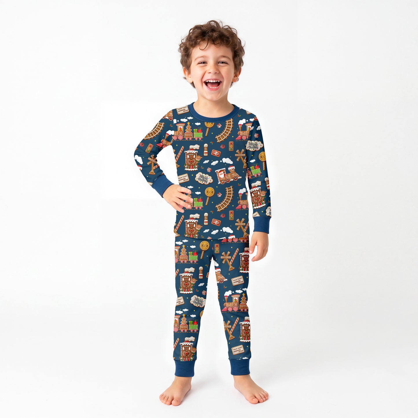 Christmas Gingerbread Train Navy Kids Bamboo Two-Piece Pajama Set