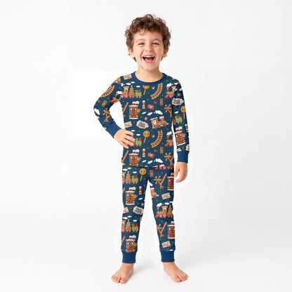 Christmas Gingerbread Train Navy Kids Bamboo Two-Piece Pajama Set