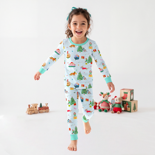 Christmas Holiday Dogs Kids Bamboo Two-Piece Pajama Set
