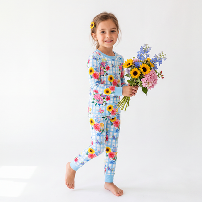 Gingham Garden Bouquet Kids Bamboo Two-Piece Pajama Set