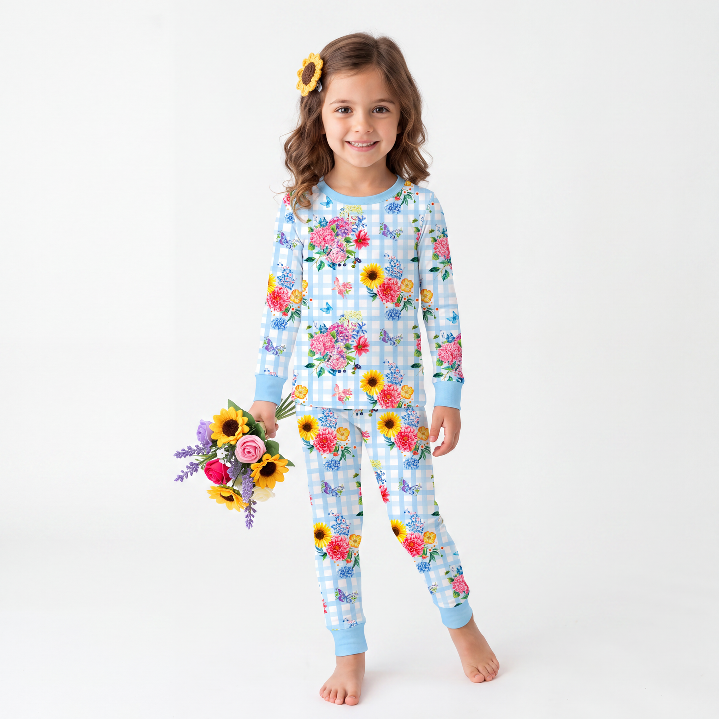 Gingham Garden Bouquet Kids Bamboo Two-Piece Pajama Set