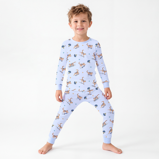 Skateboarding Leopard Kids Bamboo Two-Piece Pajama Set