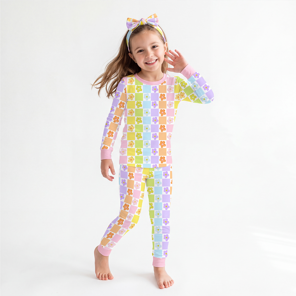 Groovy Daisy Checkerboard Kids Bamboo Two-Piece Pajama Set