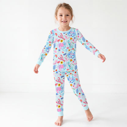 Ocean Coastal Blooms Blue Kids Bamboo Two-Piece Pajama Set