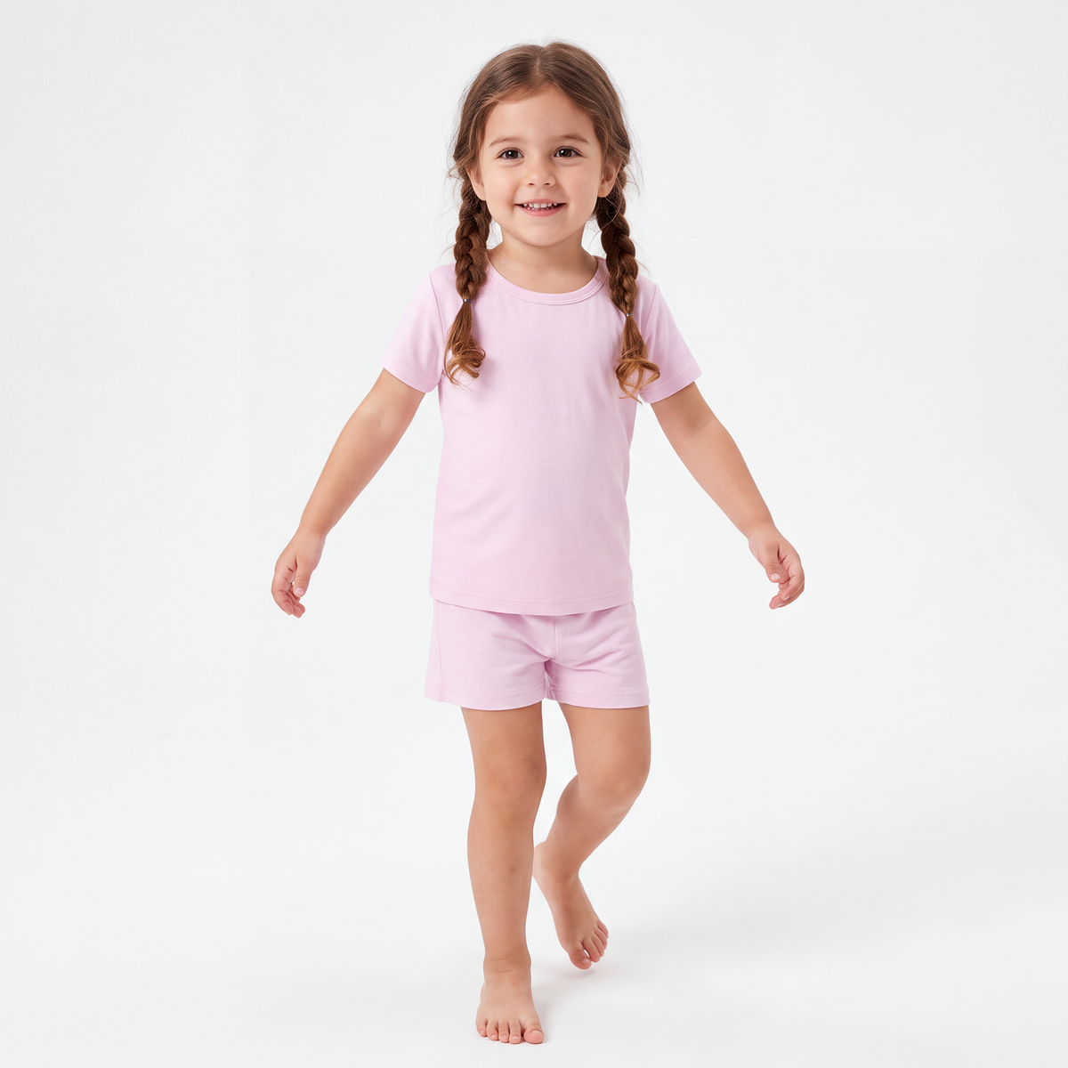 Kids Bamboo Two-Piece Pajama Set Soft Pink Solid