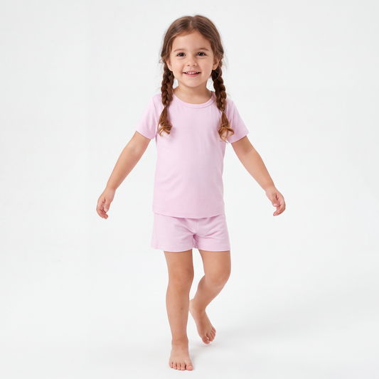 Kids Bamboo Two-Piece Pajama Set Soft Pink Solid