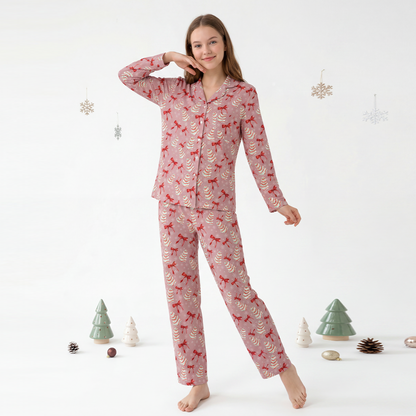 Christmas Pink Tree Cakes and Bows Print Bamboo Women's Pajamas Set