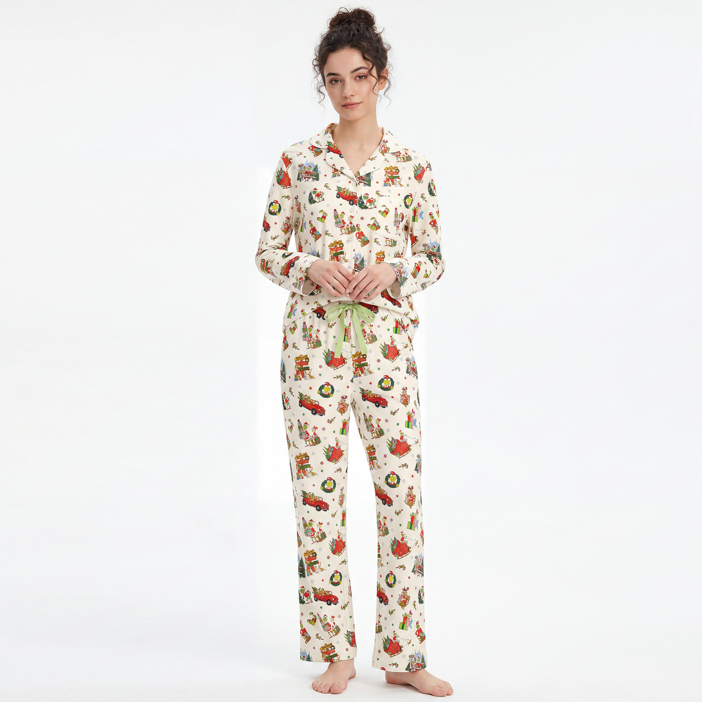 Christmas Green Face Sleigh Gift Ride and Candy Canes Print Bamboo Women's Pajamas Set
